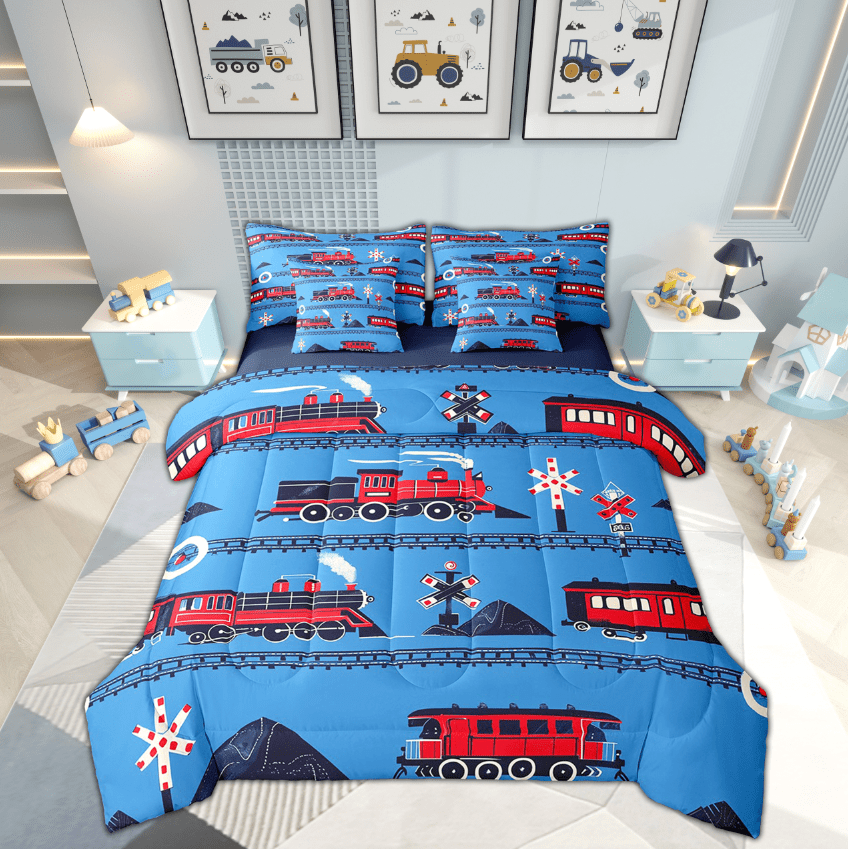 Train Full Comforter Set Cartoon Car Bedding Set, Traffic Transportation Track Bed Set (1 Comforter, 1 Flat Sheet 1 Fitted Sheet 2 Pillowcases And 2 Throw Pillow Covers)