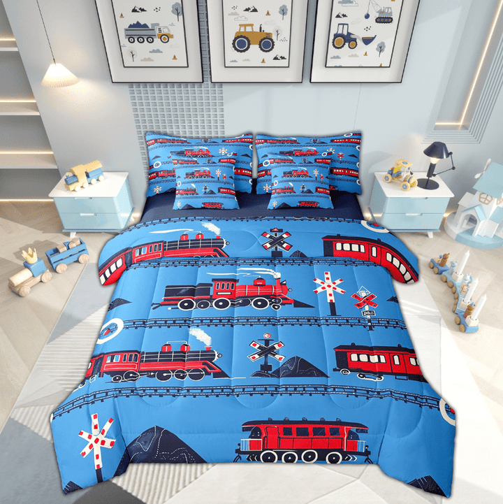Train Full Comforter Set Cartoon Car Bedding Set, Traffic Transportation Track Bed Set (1 Comforter, 1 Flat Sheet 1 Fitted Sheet 2 Pillowcases And 2 Throw Pillow Covers)