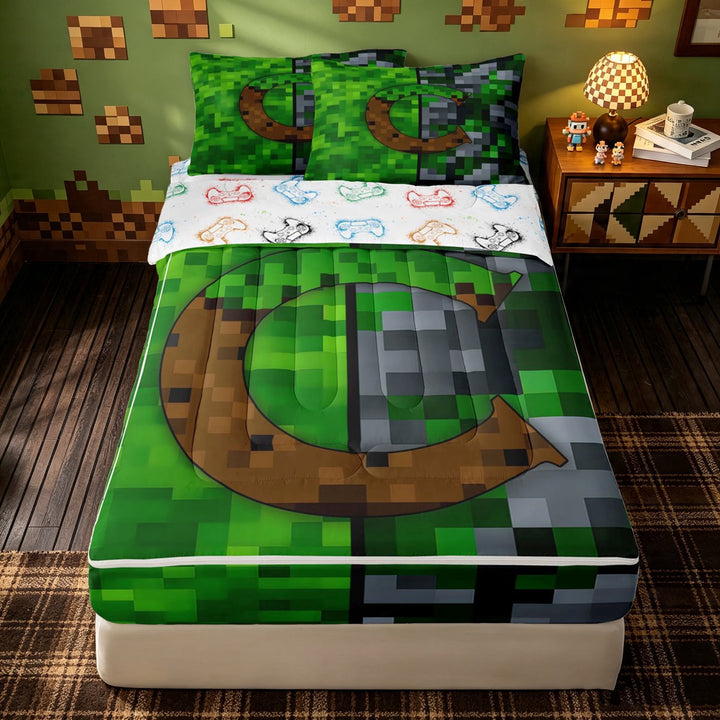 meiyoeat Pixel Grid Miners Zipper Full Size Comforter Sets with Fitted Sheet and 2 Pillowcases for Girls Boys, Initial C Letter Zipper Bedding Set, Green Brown, Gamepad Reversible, 4 Pieces