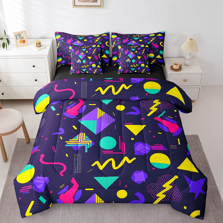 Memphis Twin Comforter Set - 7 Pieces Bed in a Bag Set,Hipster Retro 80S 90S Funky Bedding Sets Twin with Colorful Pop Art Inspired Geometry Quilted Comforter,Flat Sheet,Fitted Sheet,Pillowcases