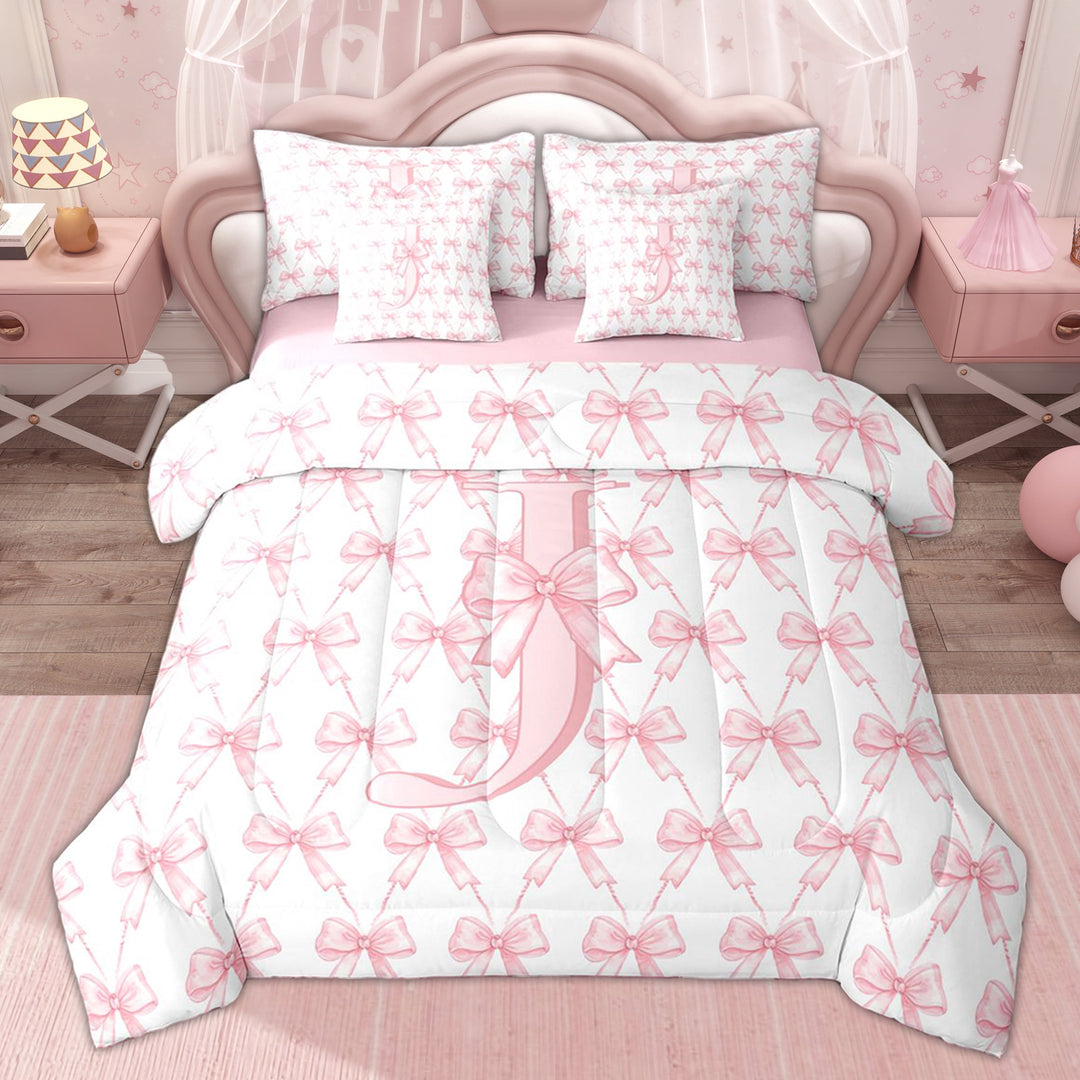 Erosebridal Kid Bowknot Monogrammed J Twin Bedding Sets, Pink Princess Bedding Comforter Set, 7-Piece