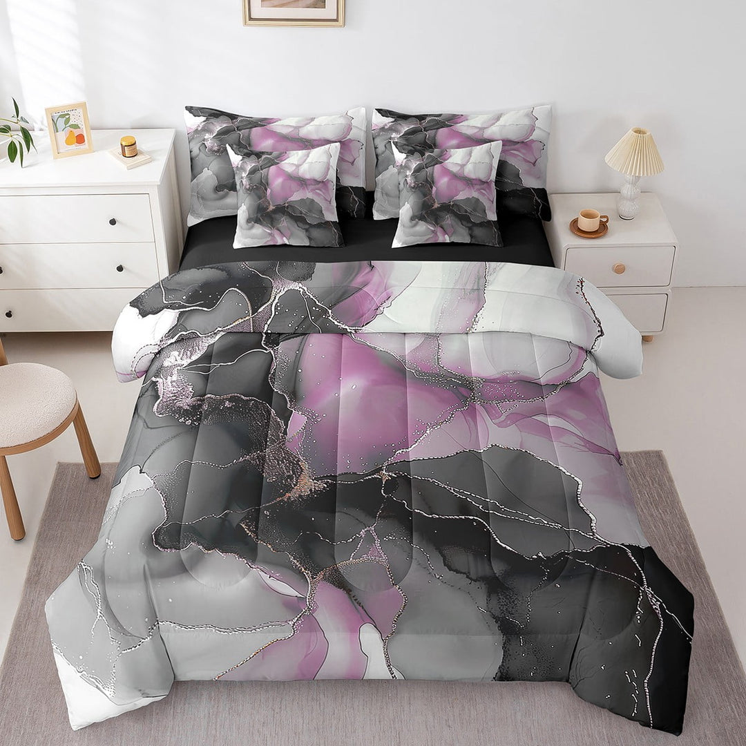 Erosebridal Black and Pink Queen Comforter Set 7-Piece Modern Marble Bedding Comforter Sets, Gold Metallic Bed in a Bag Chic Foil Print Bedding Set, Abstract Mountain Fluid Bed Sheets Set