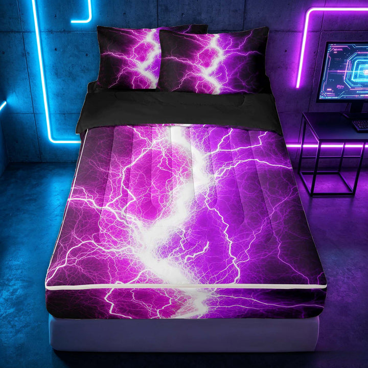 meiyoeat Neon Lightning Pattern Zipper Twin Comforter Sets with Fitted Sheet and 2 Pillowcases for Boys, Electric Purple Print Zipper Bedding Set, Black Reversible