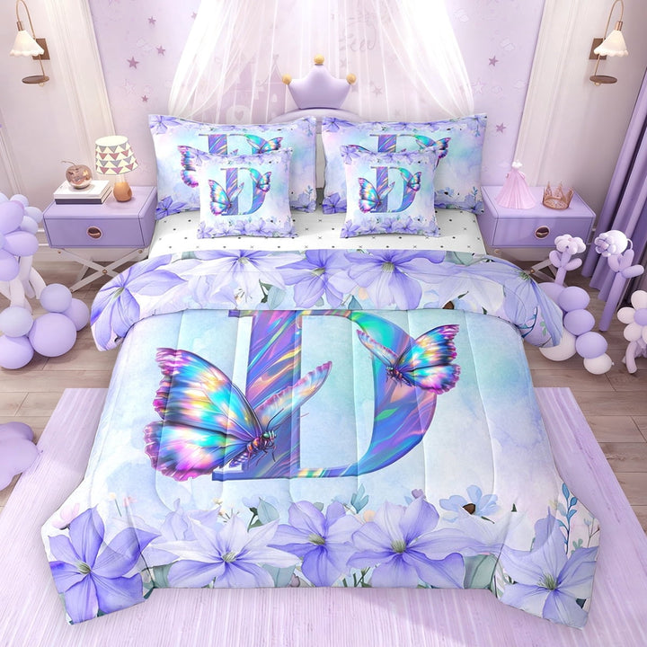 Erosebridal Purple Butterfly Bedding Comforter Set for Girls, Garden Flower Floral Queen Bedding Sets, Monogrammed D, Reversible, 7pcs