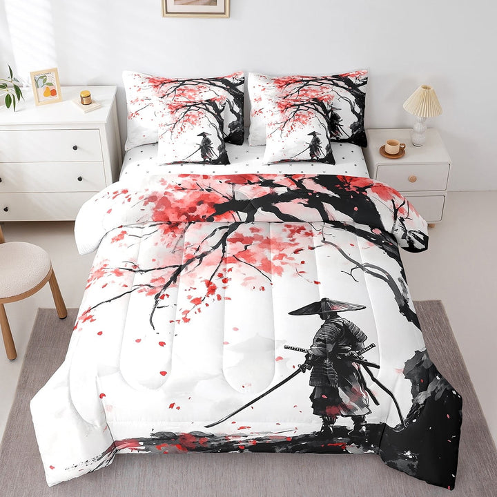 Japanese Samurai Queen Comforter Set 7-Piece Cherry Blossom Flower Bedding Set,Ukiyo Style Bed In A Bag Ink Painting Fitted Sheet Teens