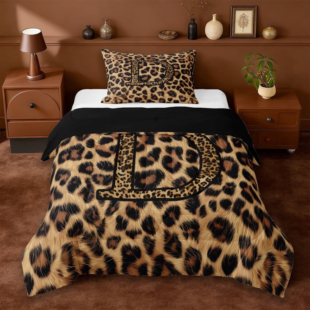 Erosebridal Leopard Pattern Personalized Gifts Twin Comforter Sets,Brown Alphabet D Bedding Set For Adult Women,Reversible Black 2pcs