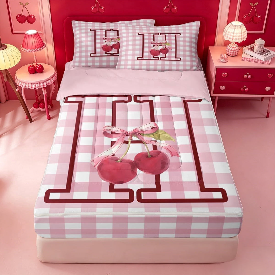 meiyoeat Girls Personalized Initial Gifts Zipper Full Size Comforter Sets with Fitted Sheet and 2 Pillowcases,Pink Checkered Initial Art Zipper Bedding Set For Girl,Pink Reversible,4 Pieces