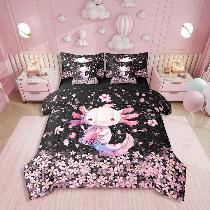 Erosebridal Cartoon Axolotl 7 Piece Bedding Set Pink Cute Axolotl Eat Dessert Comforter Set with Sheets Twin Size Room Decor Love Heart Print Bed in a Bag Salamander Bed Set