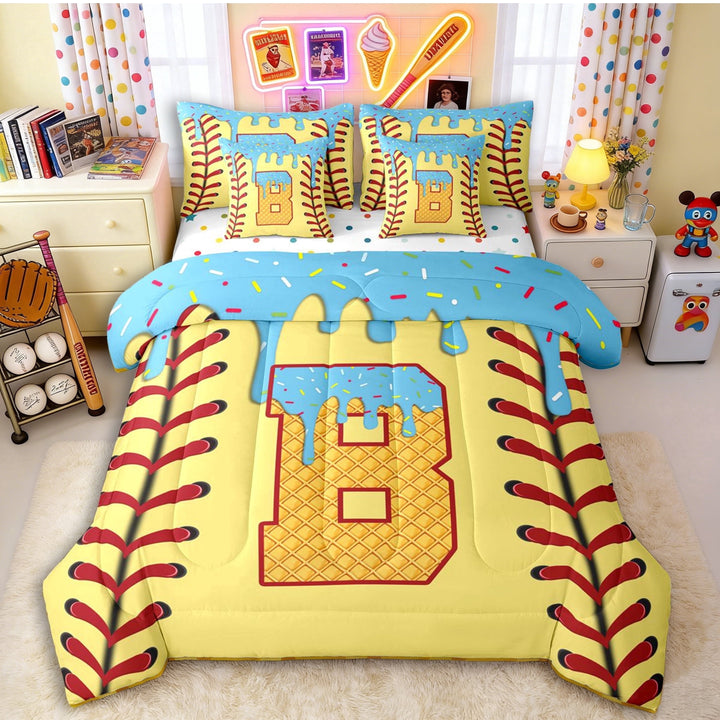 Erosebridal Light Blue Dripping Baseball Stitch &amp; Waffle Letter B Graphic Twin Bedding Sets 7-Piece, Alphabet Graphic Bedding Comforter Set for Boys And Girls Kids,Breathable Home Decor