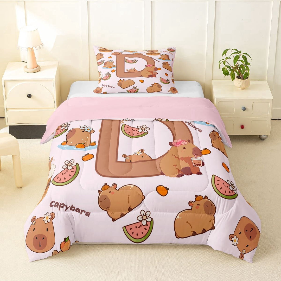 Erosebridal Cartoon Capybara D Letter Monogrammed Twin Comforter Sets 3-Piece For Kids Boys Girls,Cute Animal Funny Food Bedding Set,Pink Reversible