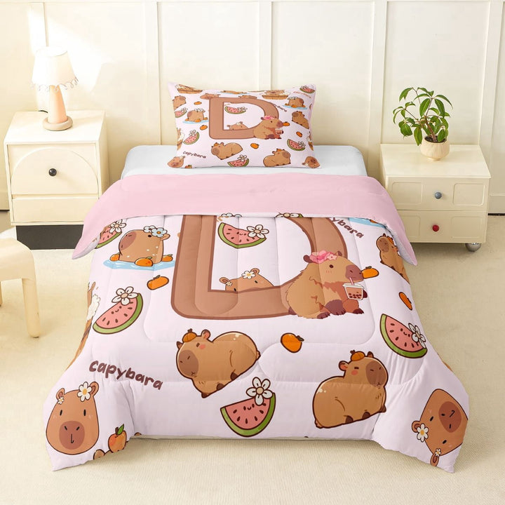 Erosebridal Cartoon Capybara D Letter Monogrammed Twin Comforter Sets 3-Piece For Kids Boys Girls,Cute Animal Funny Food Bedding Set,Pink Reversible