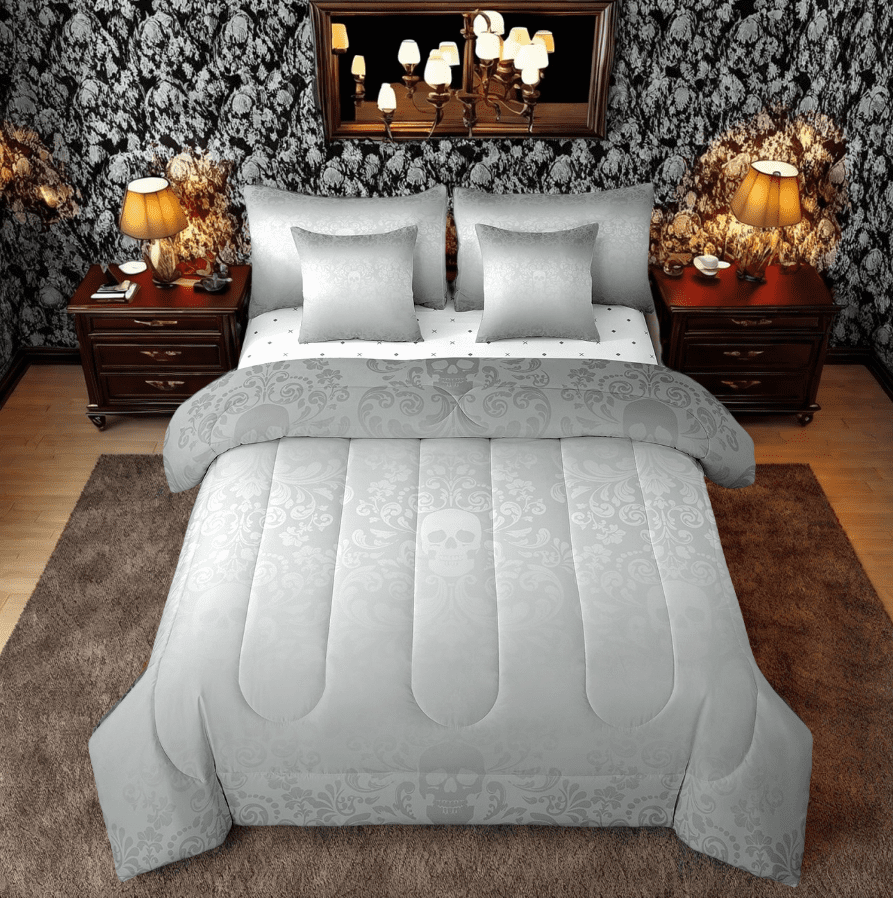Damask Gothic Bedding Set Adults Antique Victorian Bed in a Bag King Size Comforter Set 7 Pieces,Sliver Sugar Skull Sheet Set Vintage Floral Goth Bed Set,Exotic Bone Skeleton Bohemian Baroque Decor