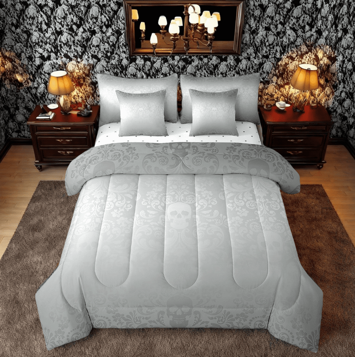 Damask Gothic Bedding Set Adults Antique Victorian Bed in a Bag King Size Comforter Set 7 Pieces,Sliver Sugar Skull Sheet Set Vintage Floral Goth Bed Set,Exotic Bone Skeleton Bohemian Baroque Decor