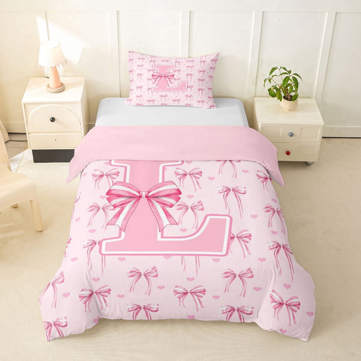 Erosebridal Pink L Personalized Initial Twin Bedding For Girls Teens,Kawaii Ribbon Bow Knot Girl Duvet Cover Set,Pink Reversible,2pcs,No Comforter
