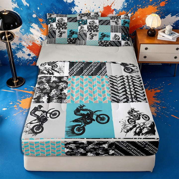 Meiyoeat Motocross Pattern Zipper Twin Comforter Sets with Fitted Sheet and 2 Pillowcases, Tire Track Print Zipper Bedding Set, Multi Tone Black,4-Piece,Grey Reversible
