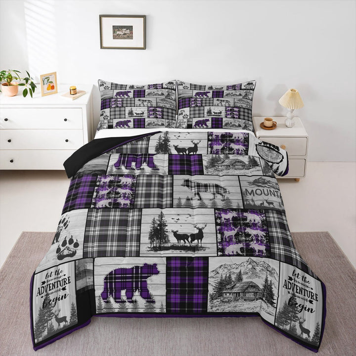 Erosebridal Plaid Bear Deer Comforter Set Rustic Cabin Bedding Set King Size Country Hunting Wildlife Bedding Comforter Sets Adults Women Woodland Animal Quilt Set Purple Black Grey