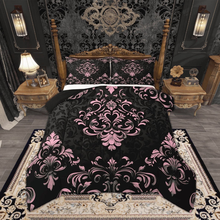 Manfei Bohemian Damask Comforter Sets Full Size, Black Pink Comforters &amp; Duvets, Victorian Flower Bedding Full Comforter Set, Breathable Bedroom Decoration, 3-Piece Reversible