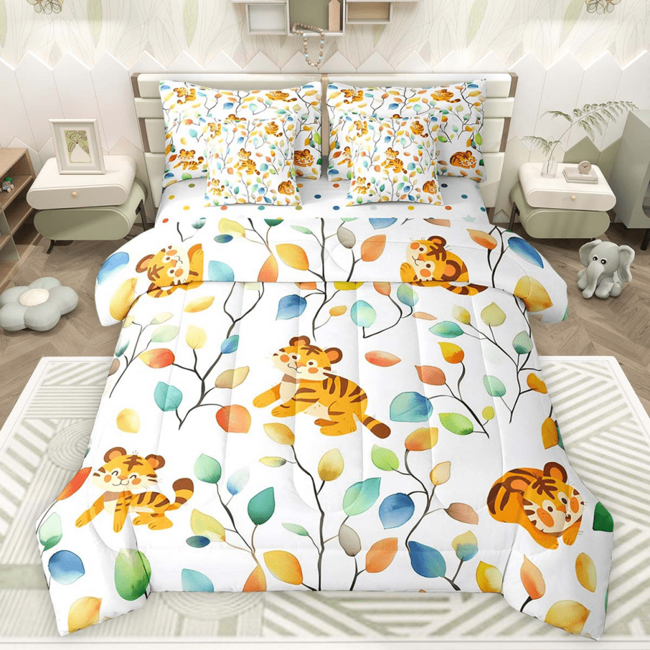 Cartoon Tiger Bedding Twin Size 7 Pieces Watercolor Floral Comforter Set, Botanical Plants Bedding Comforter Sets Jungle Animal Bed in a Bag, Tropical Leaves Bedding Accessories