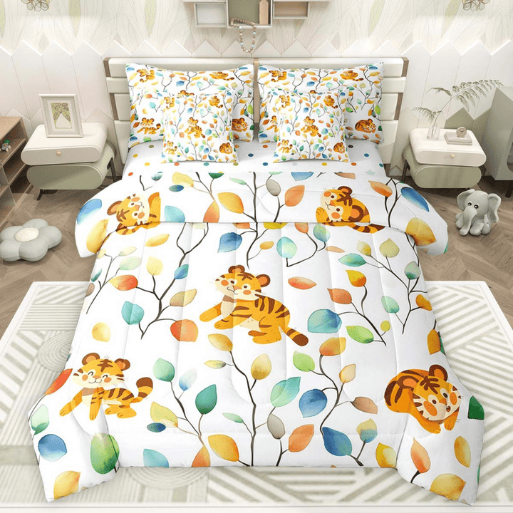 Cartoon Tiger Bedding Twin Size 7 Pieces Watercolor Floral Comforter Set, Botanical Plants Bedding Comforter Sets Jungle Animal Bed in a Bag, Tropical Leaves Bedding Accessories