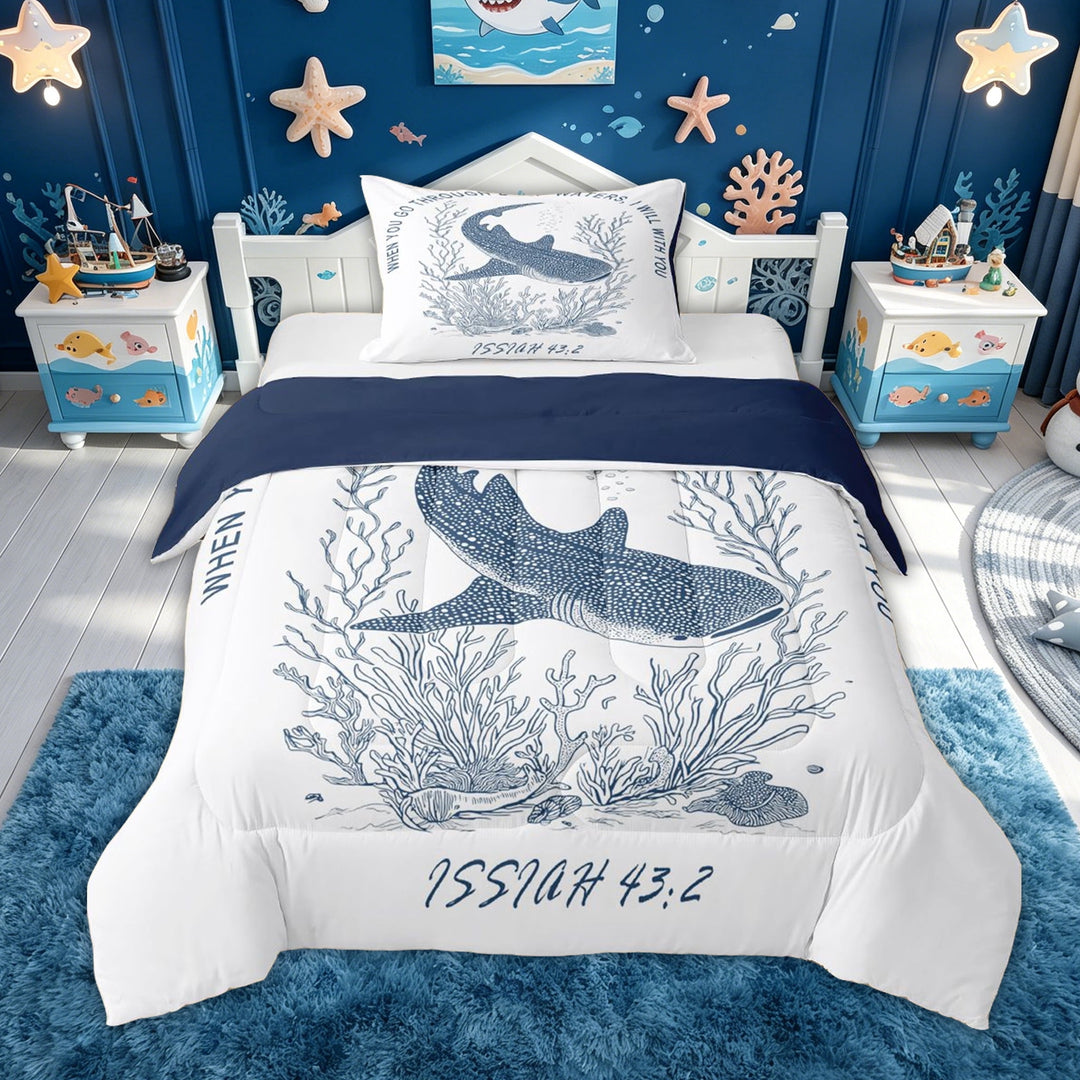 meiyoeat Whale Shark Full Size Comforter Sets for Kids Boys, Cartoon Ocean Animal Bedding Comforter Set for Bedroom, Blue White, Blue Reversible, 3pcs