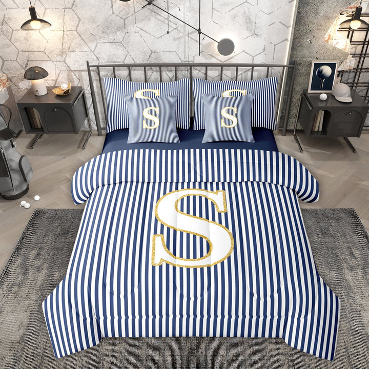 Erosebridal Kids Cartoon Monogrammed S Bedding Comforter Set 7 Pieces, Navy Stripes Ombre Full Bedding Set
