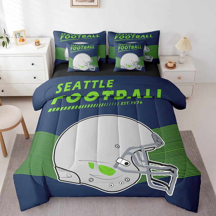 Full Size American Football Comforter Set 7Pcs with Sheets Sports Football Comforter Set Bed-in-a-Bag,Seattle(1 Comforter, 1 Flat Sheet 1 Fitted Sheet 2 Pillowcases 2 Throw Pillow Covers)