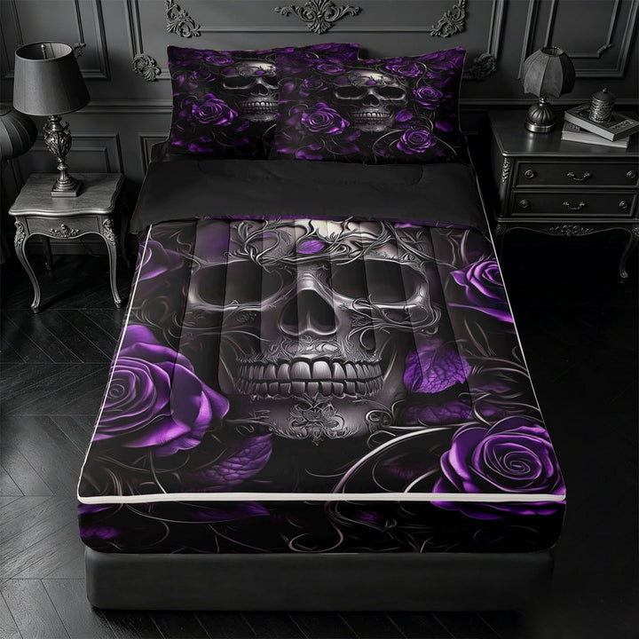 meiyoeat 3D Gothic Skull Pattern Zipper Full Size Comforter Sets with Fitted Sheet and 2 Pillowcases,Purple Rustic Flower Rose Zipper Bedding Set, Purple Black,4 Pieces