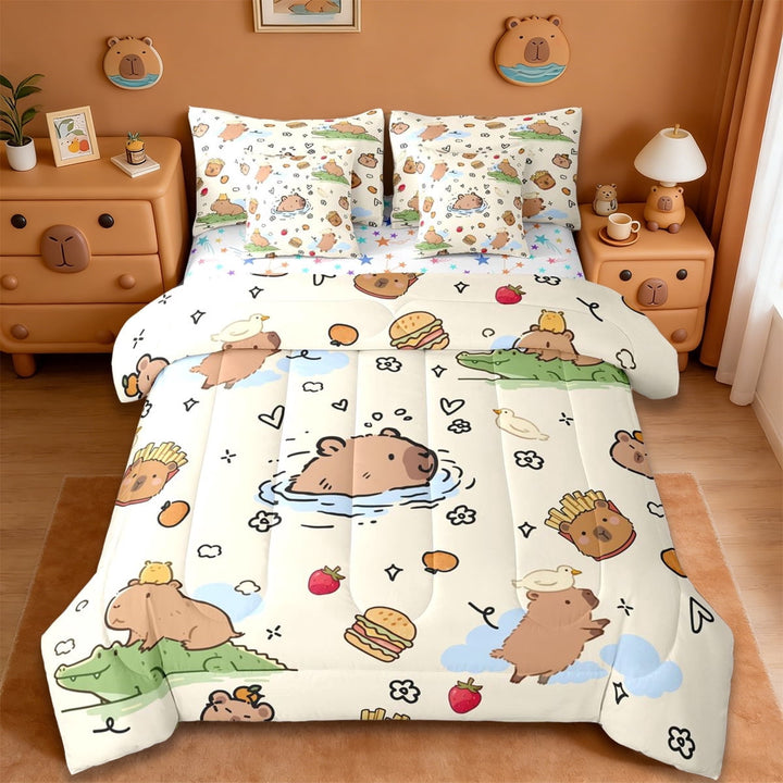 Erosebridal Brown Cartoon Capybaras 7-Piece Twin Bedding Sets,Funny Mouse Rodent Bedding Comforter Set For Capybara Lovers Reversible