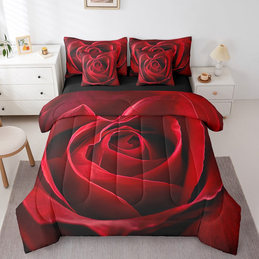 Erosebridal Red Rose Comforter Set Women 3D Rose Print Bedding Sets 7 Piece Queen Romantic Elegant Flower Bed In A Bag Valentine&