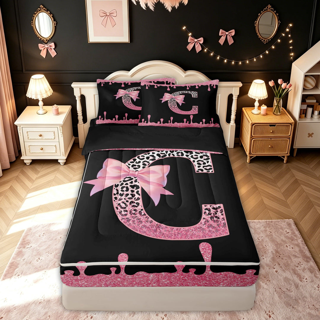 meiyoeat Leopard Print C Initial Zipper Comforter Set with Fitted Sheet and 2 Pillowcases for Girls Kids, Bow Monogram Zipper Bedding Set, Pink Black, Black Reversible, 3-Piece