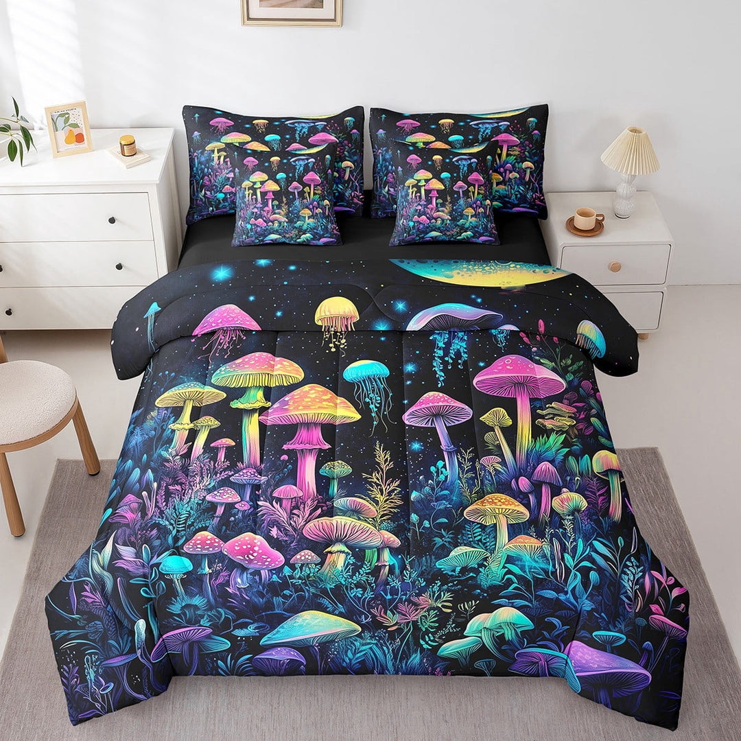 Erosebridal Neon Mushroom Bedding Sets Queen Size, Starry Sky Comforter Sets with Sheets, Botanical Bedroom Decor, Reversible