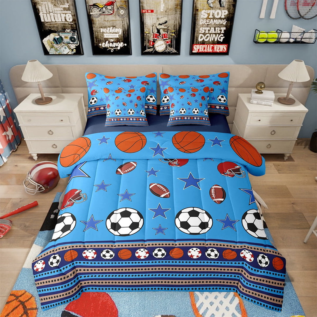 7 Piece Football Bed in a Bag Twin Size Sports Bedding Sets Teen Stars Striped Basketball Soccer Bowling Comforter Set with Sheets Football Game Bed Set American Football Sheets