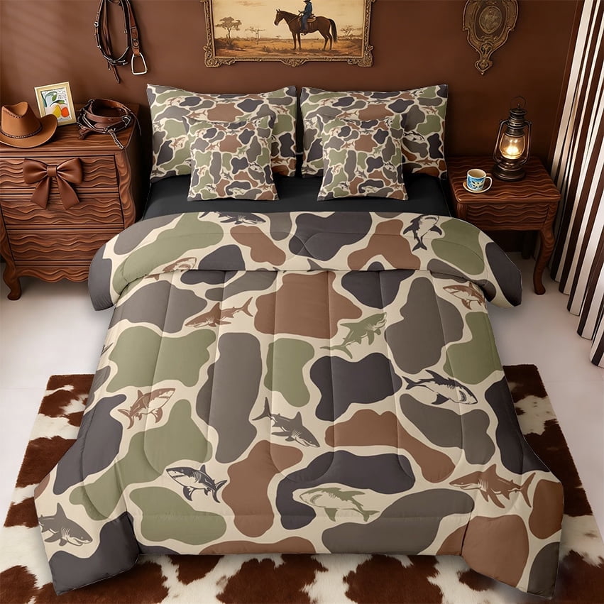 Erosebridal Green Camouflage 7 Pieces Bedding Comforter Set,Cute Cartoon Shark Rustic Farmhouse Camo Full Bedding Set For Kids Boys,Reversible Black
