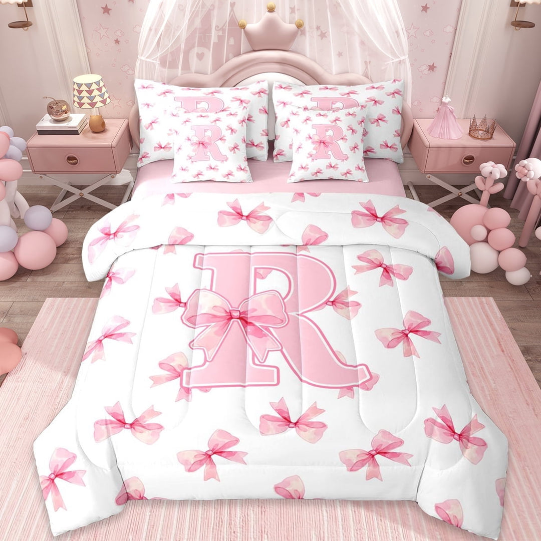 Erosebridal Girls Letter R Bow 7-Piece Twin Bedding Sets,Cute Bows Kawaii Bowtie Bedding Comforter Set For Girls Teens,Reversible