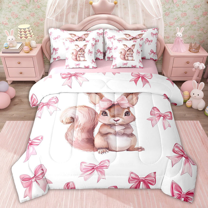 Erosebridal Bowknot Squirrel Bedding Sets Twin with Comforter, Princess Bow Bedding Set,, Pink Reversible 7 Pieces