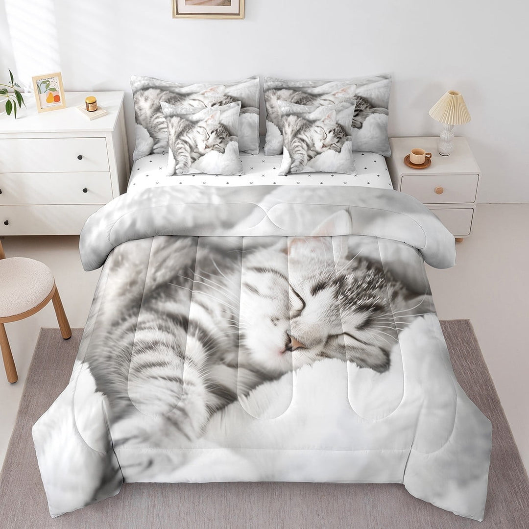 Erosebridal Sleeping Cat Bedding Set Full 7 Piece, 3D Cartoon Animal Comforter Set With Sheet Set Cute Kitten Bed In A Bag With Throw Pillow Cover,Reversible Kawaii Room Decor