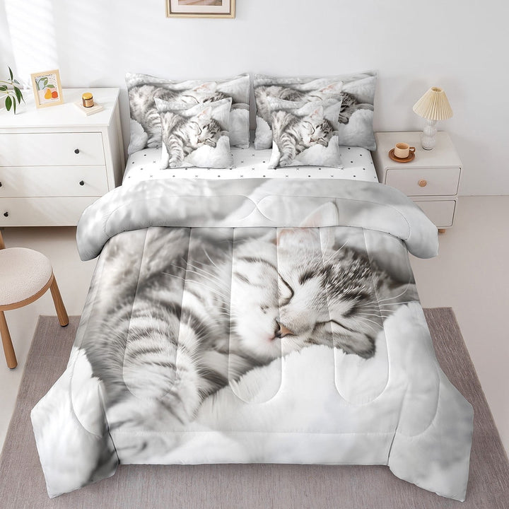 Erosebridal Sleeping Cat Bedding Set Full 7 Piece, 3D Cartoon Animal Comforter Set With Sheet Set Cute Kitten Bed In A Bag With Throw Pillow Cover,Reversible Kawaii Room Decor