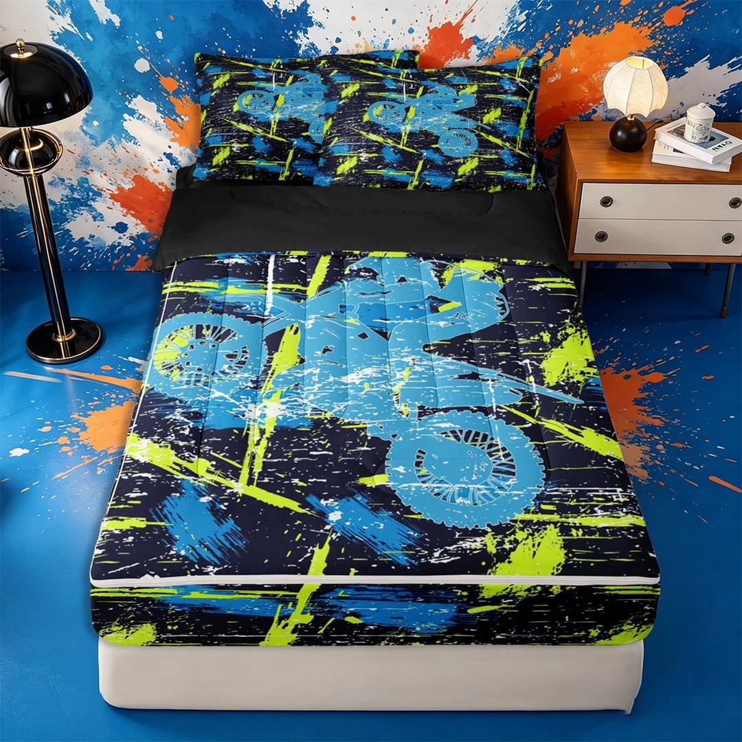 meiyoeat Dirt Bike Pattern Zipper Twin Comforter Sets with Fitted Sheet and 2 Pillowcases for Teens,Graffiti Print Zipper Bedding Set for Bedroom,Blue Yellow,Reversible