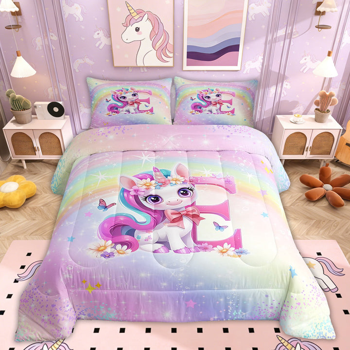 Erosebridal Pink Unicorn Bedding Twin Comforter Set, Initial Letter E Down Comforter, Princess Flower Decor, Reversible 2pcs