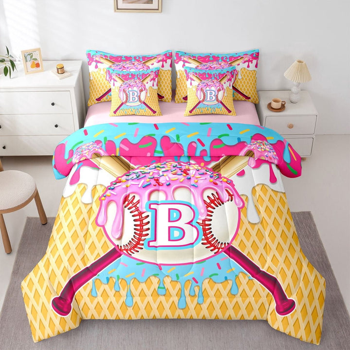 Erosebridal Ice Cream Drip Dessert Boy Twin Bedding Sets 7-Piece,Teens Sport Baseball Letter Monogrammed B Bedding Comforter Set,Pink Reversible