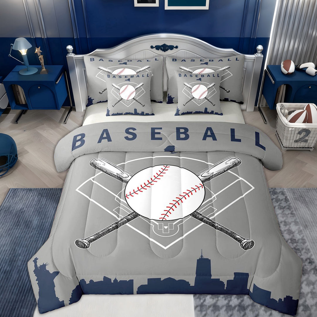 Erosebridal Boy Baseball Game Twin Bedding Sets 7-Piece, Cartoon Sport Bedding Comforter Set, Grey Navy