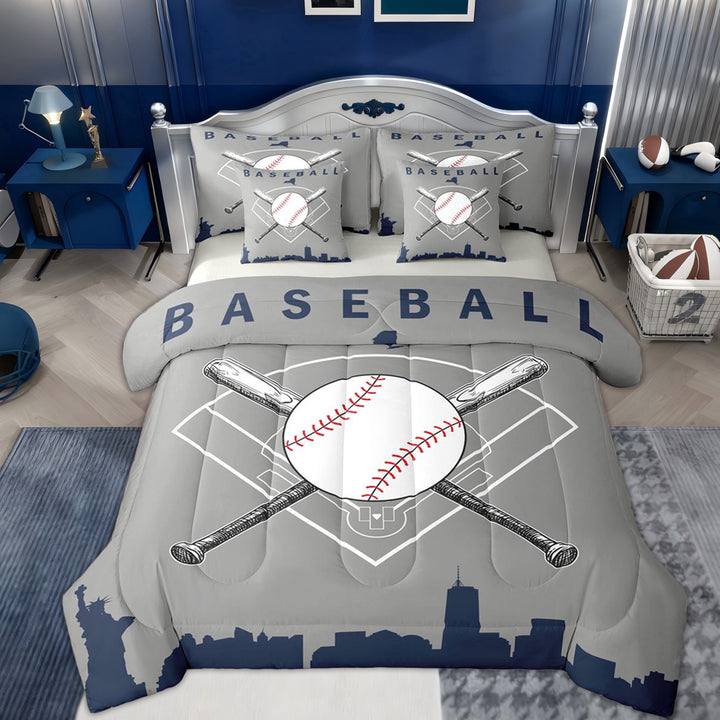Erosebridal Boy Baseball Game Twin Bedding Sets 7-Piece, Cartoon Sport Bedding Comforter Set, Grey Navy