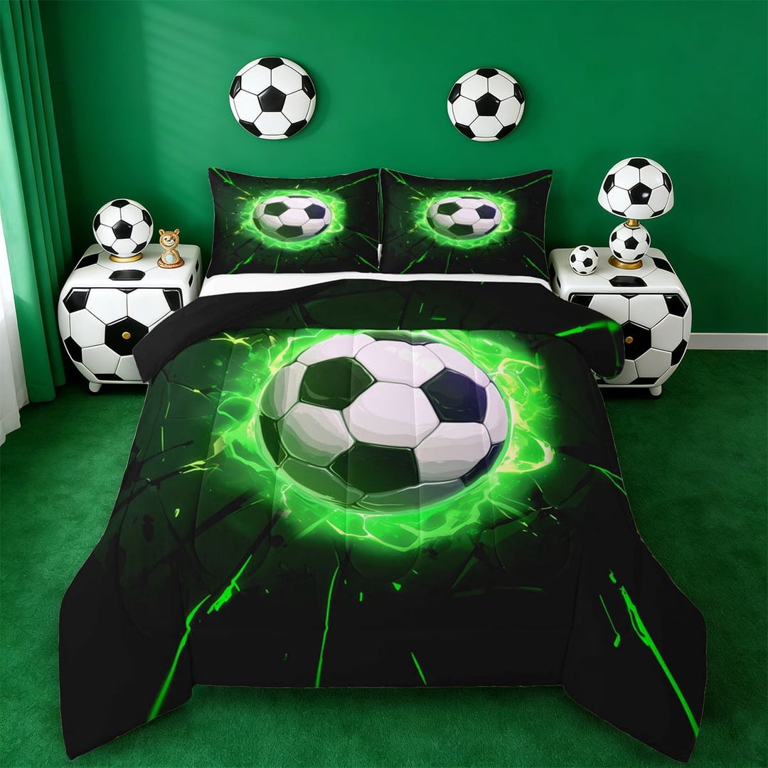 Erosebridal Football Full Size Comforter Sets For Soccer Gamer,Ball Sport Games Kids Bedding Sets For Boys,Reversible Black 3-Piece