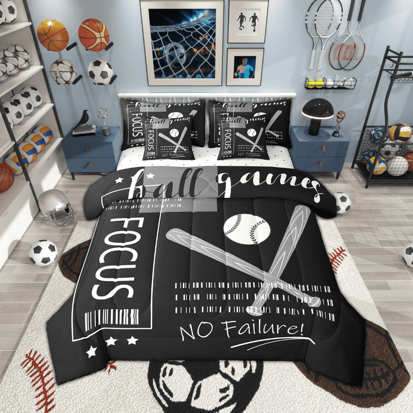 7 Piece Twin Baseball Bedding Sets Sports Ball Games Comforter Set Bedroom Decor,Black and White Baseball Bed in a Bag with Fitted Sheet,Flat Sheet,Pillowcases &amp; Shams