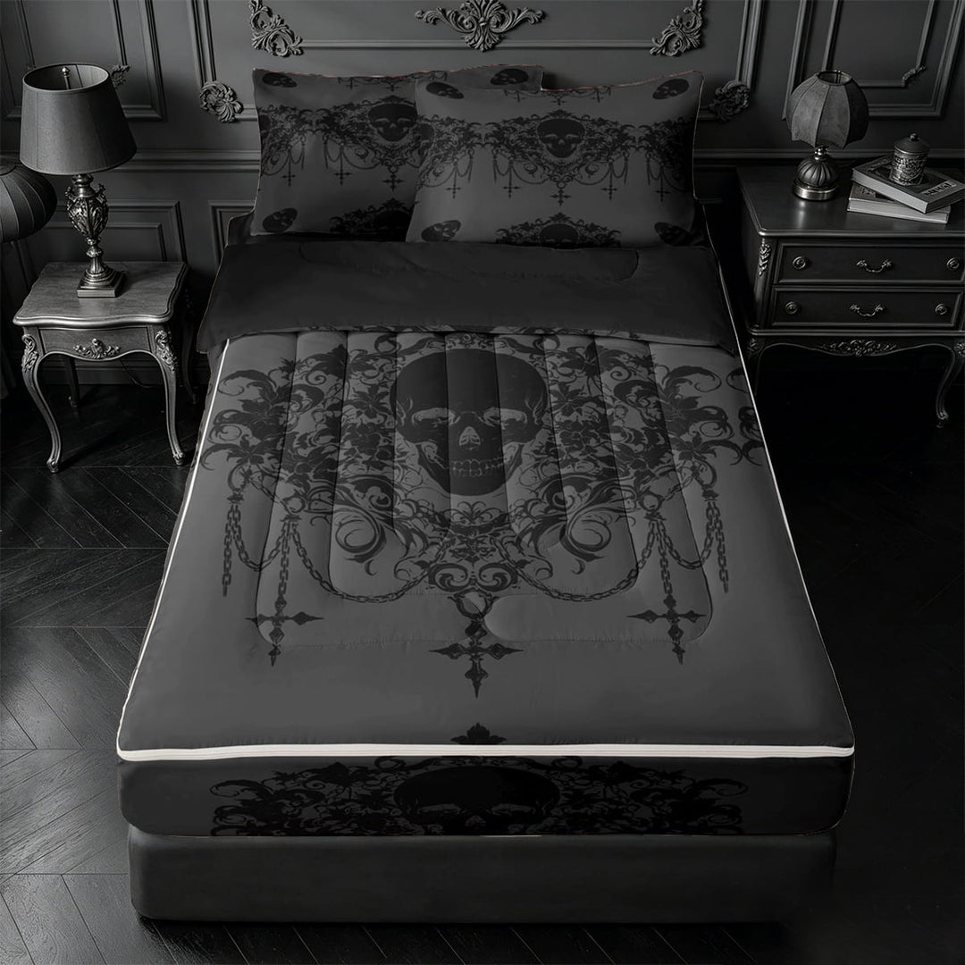 meiyoeat Gothic Spooky Skull Zipper Twin Comforter Sets with Fitted Sheet and 2 Pillowcases,Retro Damask Victorian Flowers Zipper Bedding Set, Black Gray,Black Reversible,4-Piece