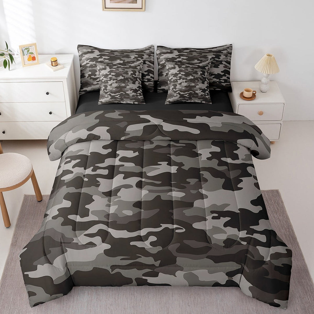 Grey Camo Bed In A Bag 7 Piece Queen Size, Army Camouflage Sheet Set With Comforter Teens Adult Men, Black Militarily Bedding Sets Abstract Art Bed Set With Pillow Cases