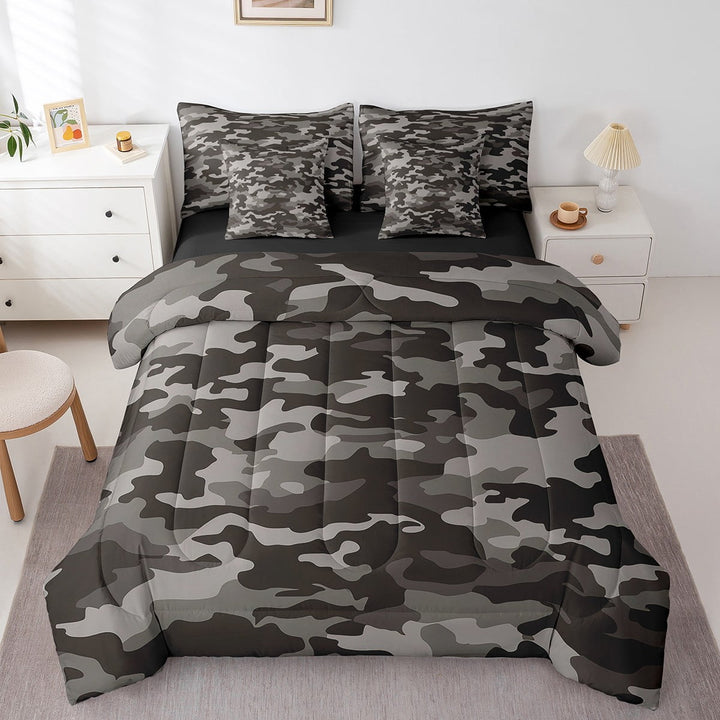 Grey Camo Bed In A Bag 7 Piece Queen Size, Army Camouflage Sheet Set With Comforter Teens Adult Men, Black Militarily Bedding Sets Abstract Art Bed Set With Pillow Cases