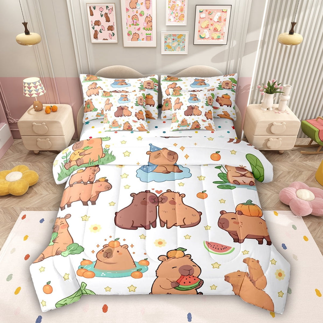 Erosebridal Funny Capybara Twin Bedding Sets for Kids Boys Girls, Cartoon Animal Bedding Comforter Set, Colorful Polka Dots Reversible, 7 Pieces