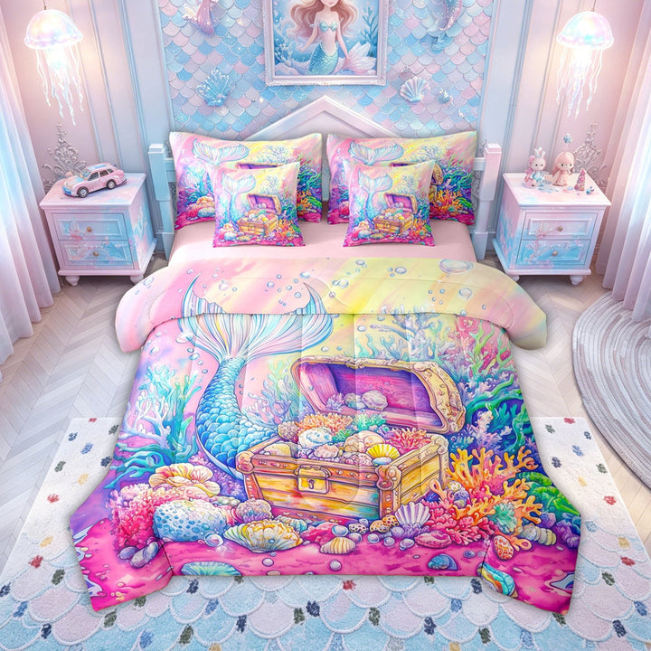 meiyoeat Rainbow Mermaid Treasure Full Size Bedding Sets for Kids Boys Girls, Ocean Princess Full Size Bed in a Bag, Pink Blue, Pink Reversible, 7 Pieces