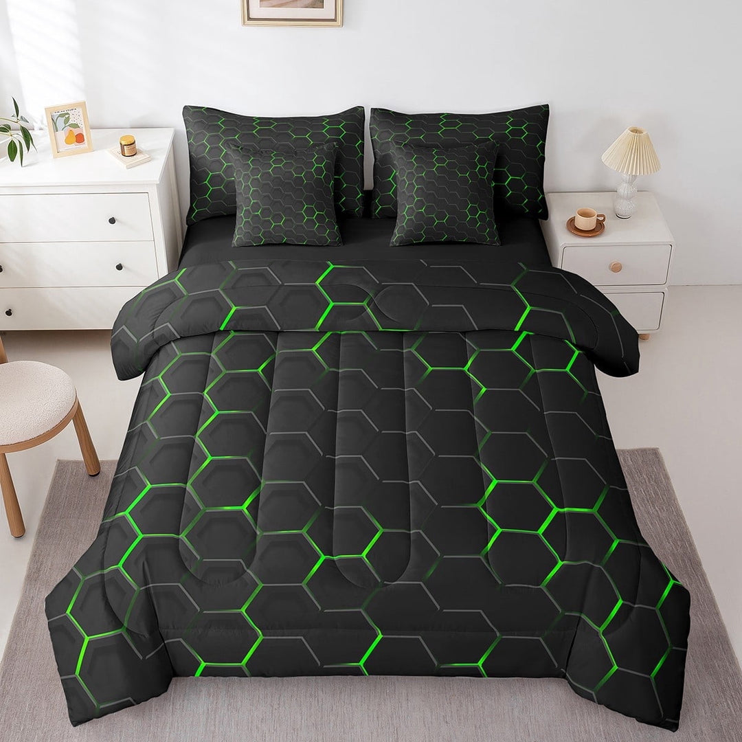 7 Piece Green Honeycomb Print Bed in a Bag, Geometric Bedding Comforter Sheet Set Beehive Geometrical Bed Set Modern Abstract Fitted Sheet Black Reticulated Plaid Cushiom Covers Twin